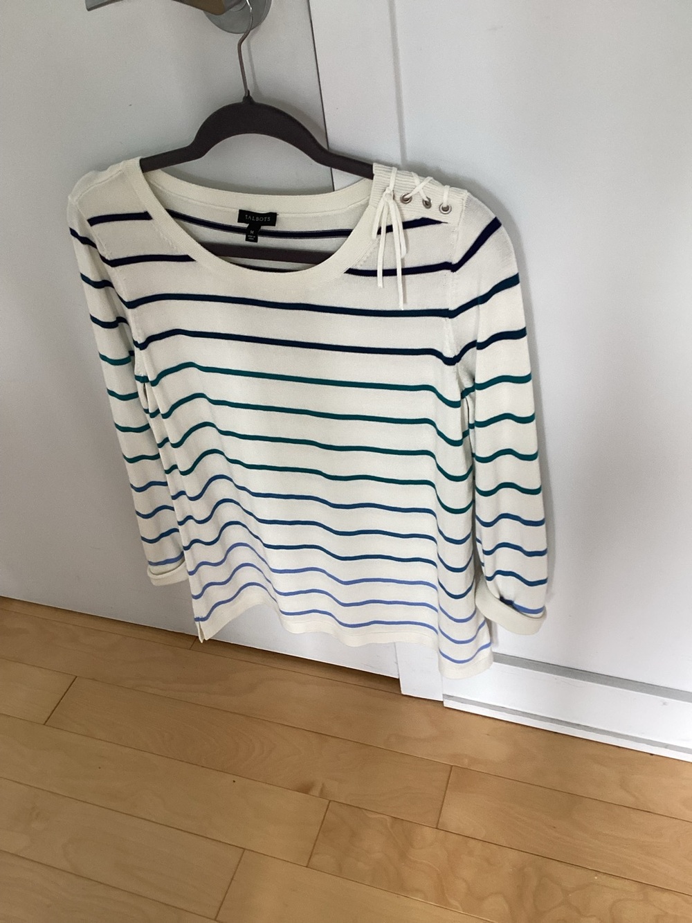 Talbots Cream Stripe Lace-Up Shoulder Knit Top